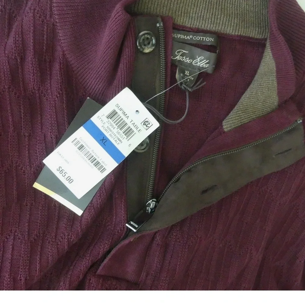 Tasso Elba Men's Supima Cotton Quarter Zip Henley Sweater Burgundy XL New